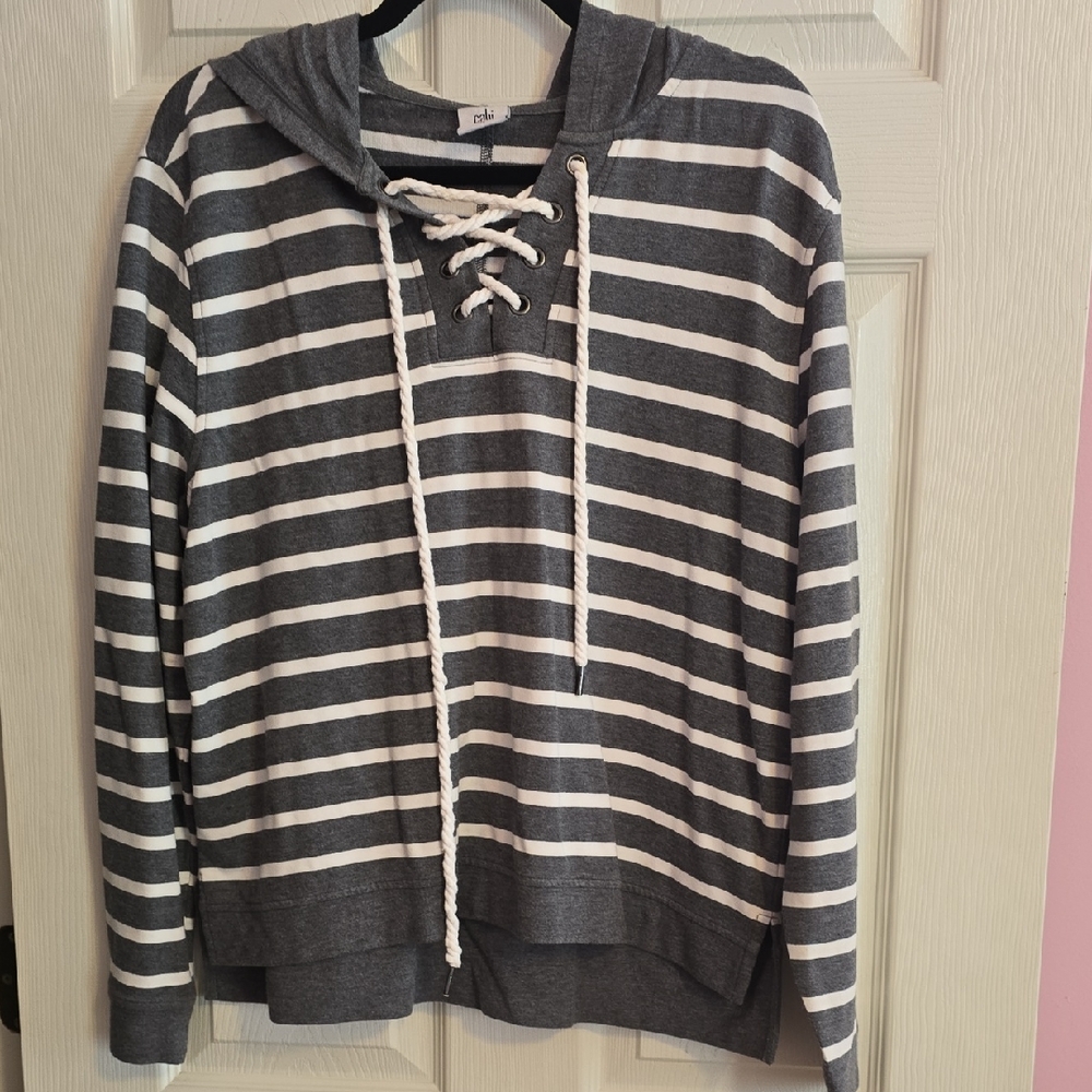 CAbi Gray & White Striped Lace-Up‎ Hoodie Sweater